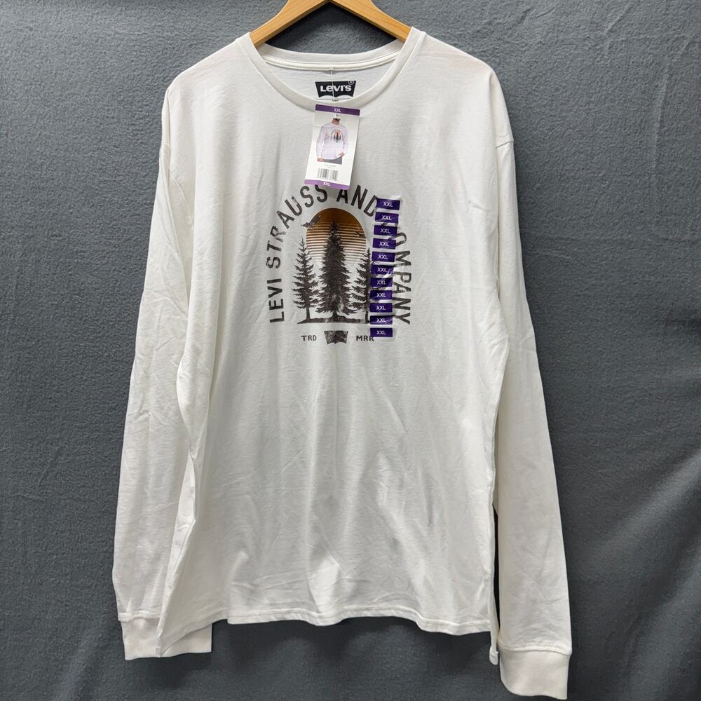Levi's T-Shirt Mens XXL Long Sleeve Tree Logo White Brown Cotton NEW